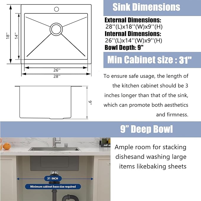 28X18 Inch Drop In Kitchen Sink, Topmount Stainless Steel Brushed Nickel Single Bowl Kitchen Sink, Extra-thick 16 Gauge For RV Laundry Utility with Basket Strainer, VALYJ281809SD