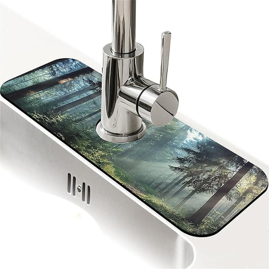 Kitchen Sink Splash Guard，sunlight through the forest Faucet Mat Sink Gadgets-Super Absorbent Fast Drying Mat Drip Catcher for Kitchen, Bathroom,Sink Mat, Dish Drying Mat, Bathroom(15" X 5.5" )