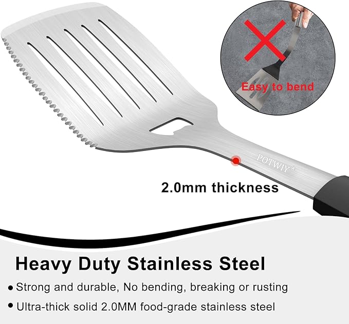 POTWIY BBQ Grilling Accessories, 3Pcs Stainless Steel Grill Tools Accessories Set with Spatula, Fork and Tongs, Barbecue Utensils Grilling Tools for Outdoor Camping, Heat-Resistant Silicone Handle