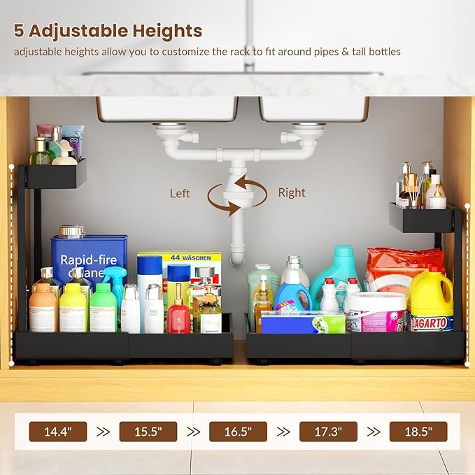 Expandable Under Sink Organizer 2 Pack, 2 Tier Pull Out Under Cabinet Organizer Adhesive, Pull Out Storage Shelf for Kitchen Bathroom Laundry, Heights Adjustable Black