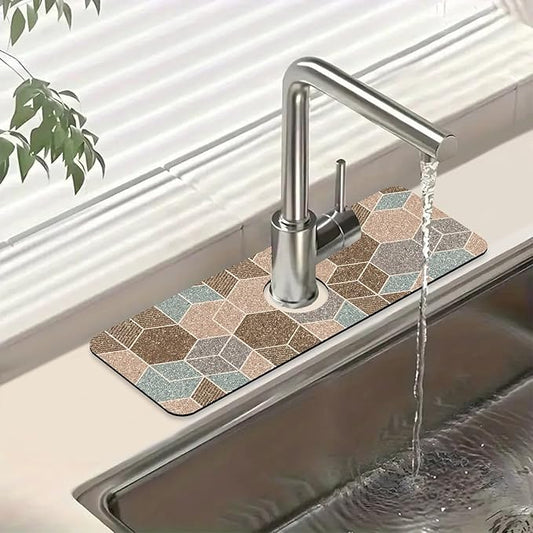 Geometry Blocks Sink Splash Guard Glitter Geometry Faucet Absorbing Mat Fast Drying Mat Sink Gadgets Splash Guard Behind Faucet Drip Catcher for Kitchen Bathroom, 15.5"x5.5"
