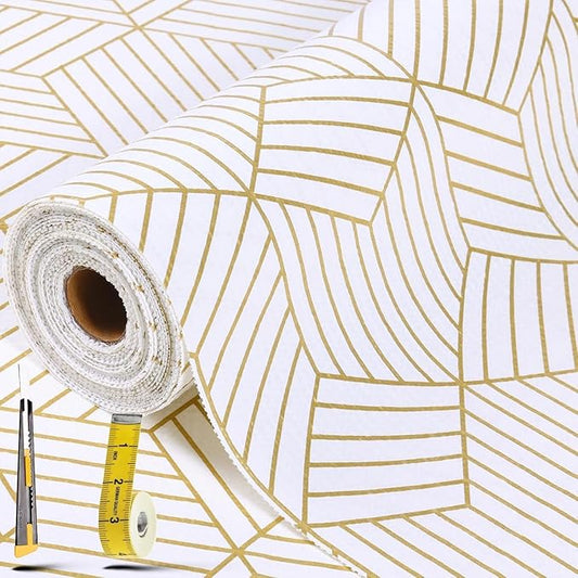 Shelf Liners for Kitchen Cabinets 17in x 40FT, Non Adhesive Cabinet Liner Strong Non-Slip Thickened Gold Geometric Drawer Liner, Easy to Clean for Shelf, Cabinet with Knife and Tape Measure