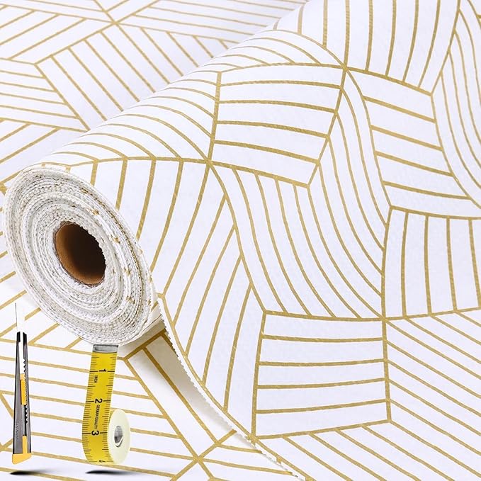 Shelf Liners for Kitchen Cabinets 23.6in x 40FT, Non Adhesive Cabinet Liner Strong Non-Slip Thickened Gold Geometric Drawer Liner, Easy to Clean for Shelf, Cabinet with Knife and Tape Measure