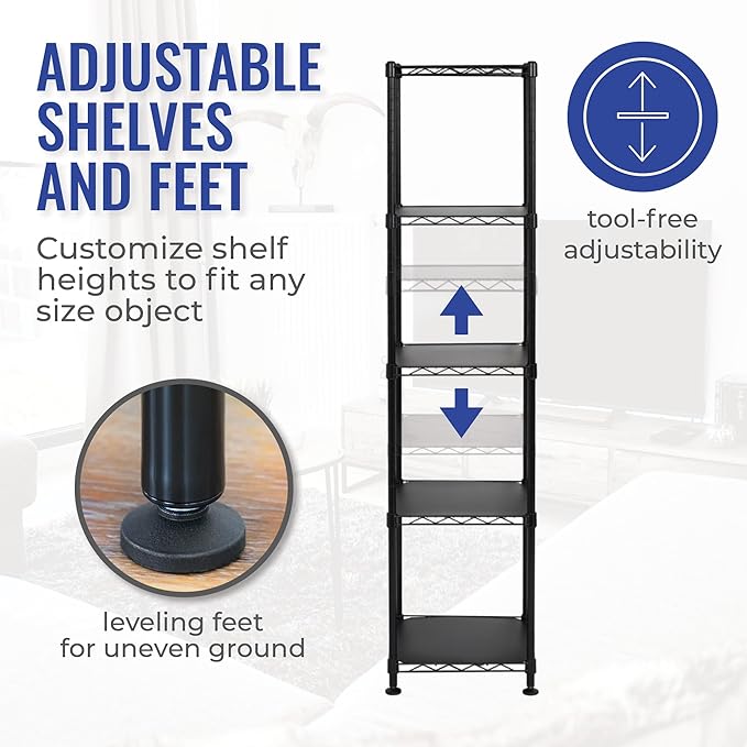 SafeRacks - NSF Certified Storage Shelves, Zinc, Heavy Duty Steel Wire Unit with Adjustable Feet, Garage or Bakers Rack, Kitchen, Pantry Shelf - (14"x14"x60" 5-Tier) (Black)