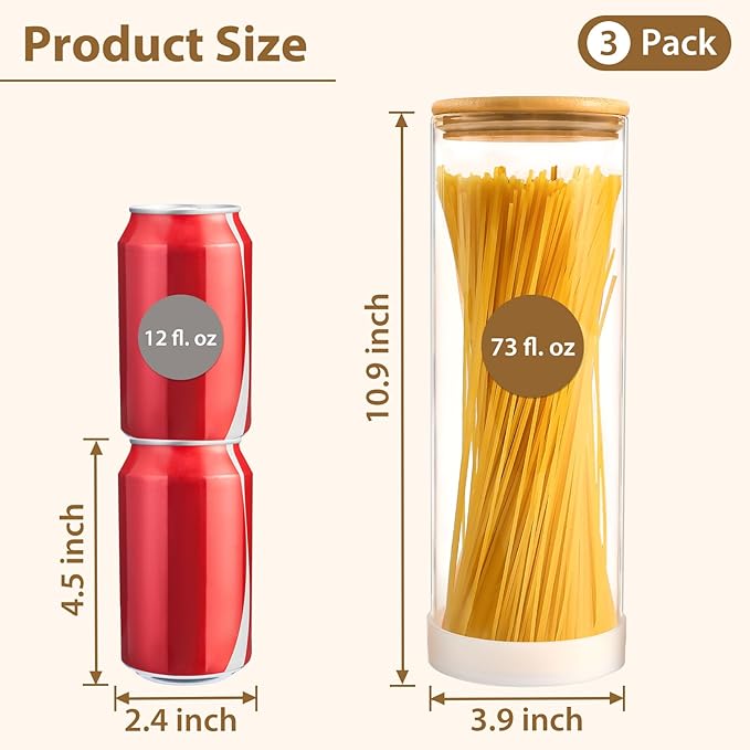 73oz Glass Spaghetti Containers for Pantry Organization, 3-Pack Large Airtight Food Jars with Bamboo Lids and Non-Slip Silicone Bases, Clear Storage Canisters for Pasta, Flour, Cereal, Rice