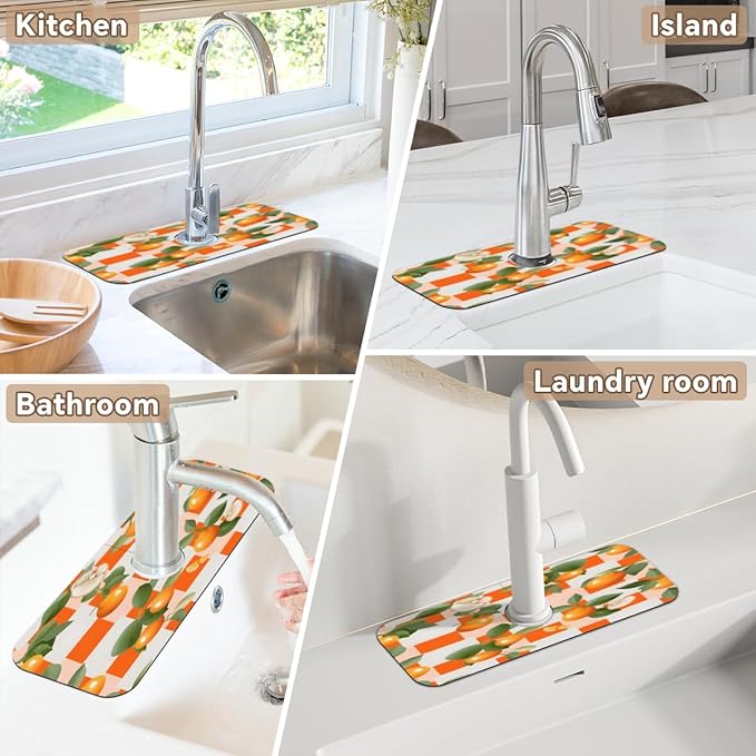 Orange Leaf Grid Pattern Kitchen Faucet Mat Splash Guard, 15.4”x5.7” Absorbent Quick Drying Sink Mat for Countertop Protection, Draining Mat Sink Protectors For Kitchen Bathroom, 1 Pack
