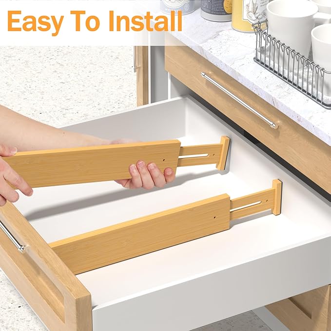 BAMBUROBA Bamboo Drawer Dividers, Adjustable Kitchen Drawer Organizer for Clothes,17-22" Expandable Drawer Organization Separators for Bedroom,Bathroom,Dresser and Office,6-Pack