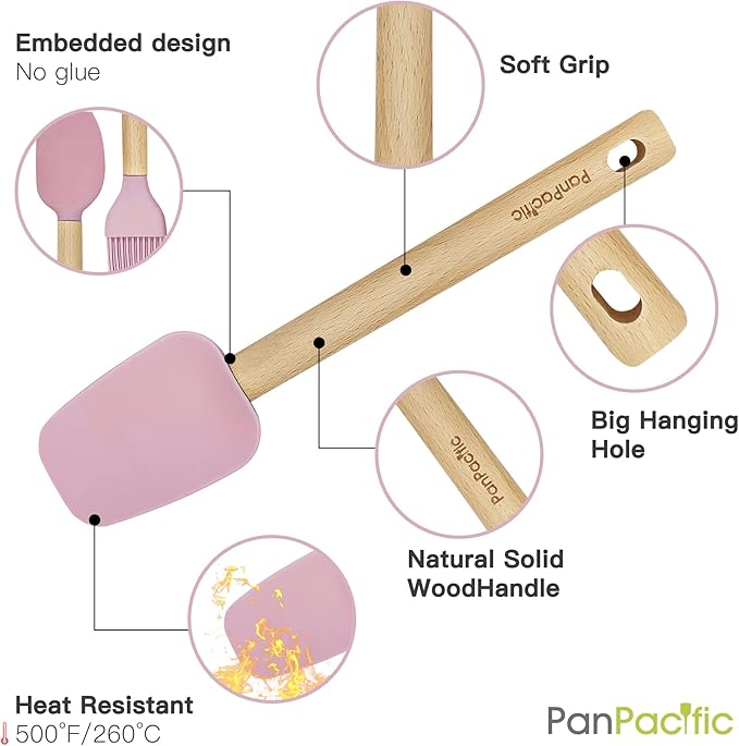 Panpacific 12" Silicone Spatula Set for Nonstick Cookware - Heat Resistant With Scraper/Brush/Whisk, Wooden Handle Baking Utensil Set, 4 Piece (Cherry Pink)