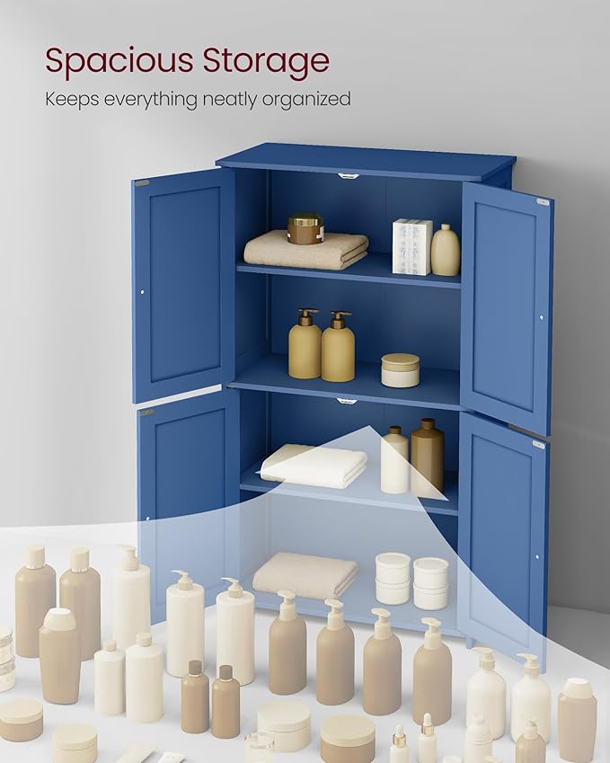 VASAGLE Floor Storage Cabinet, Shaker Cabinet with 2 Adjustable Shelves, 4 Doors, Tall Freestanding Organizer Unit, for Kitchen Bathroom Living Room, Bijou Blue UBBC553QE01S
