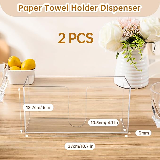 2 Pack Acrylic Countertop Paper Towel Holder, Paper Towel Dispenser for Countertop, Acrylic Napkin Holder(3mm Acrylics) Z-fold, C-fold or MultiFold Trifold Paper Towels for Bathroom, Kitchen