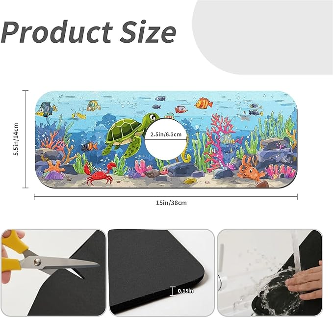 Kitchen Sink Splash Guard，Happy Underwater World Faucet Mat Sink Gadgets-Super Absorbent Fast Drying Mat Drip Catcher for Kitchen, Bathroom,Sink Mat, Dish Drying Mat, Bathroom(15" X 5.5" )