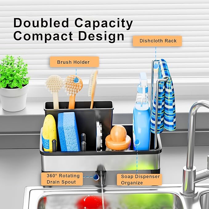 Sponge Holder for Kitchen Sink, Stainless Steel Sink Caddy with Brush Holder, Dishcloth Rack and Holds Soap Dispenser, Auto-Drain Rustproof Countertop Organizer (Black)