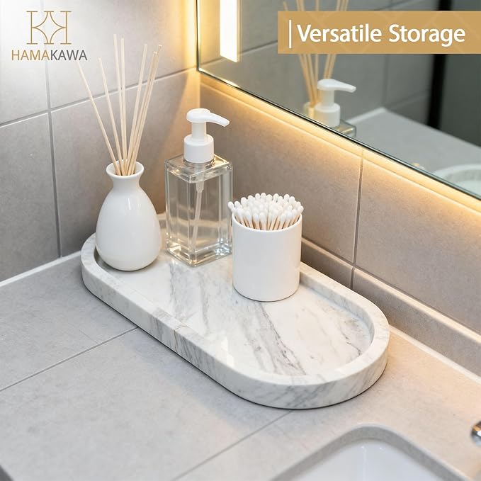 HAMAKAWA Oval Bathroom Vanity Tray, Large Natural Marble Sink Tray 10 inch, Volakas White Stone Soap Trays, Modern Perfume Trays, Countertop Organizer for Kitchen, Coffee Table, Home Decor