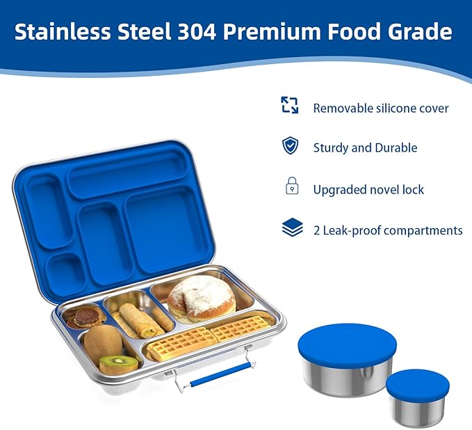 Stainless Steel Bento Box for Adults, 31.6 oz Leakproof 5-Compartments Stainless Steel Bento Containers, Metal Lunch Box with 2 Container, Dishwasher Safe, Design for Office,Outdoor, BPA-Free Blue