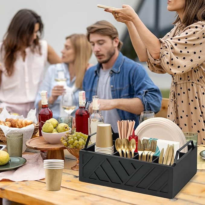 Ukonvi Paper Plate Dispenser and Holder for Kitchen Counter, Wood Rustic Silverware Utensil Caddy, Cutlery Flatware Organizer Box for Cups Spoons Forks Napkins, Kitchen Accessories (Black)