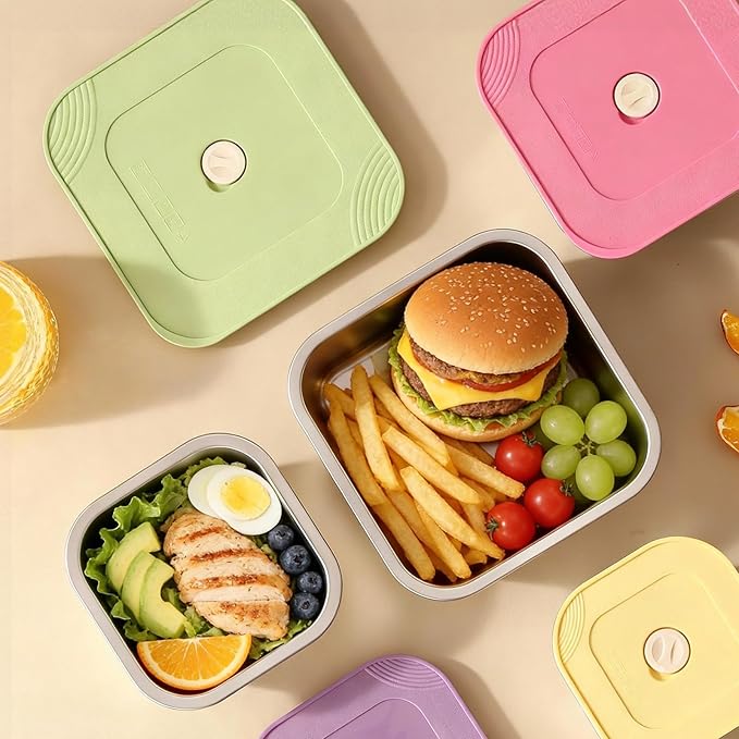 4-Piece Stainless Steel Snack & Lunch Box with Lids Set (Size 4.5", 5.5", 6.3", 7"), Stackable Metal Food Storage Containers, Airtight Leakproof Lunch Containers, Dishwasher Safe Bento Box