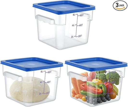 3 Sets 6 Qt Square Food Storage Containers with Lids Dough Proofing Bucket Commercial Polycarbonate Containers with Scale Clear Airtight Cereal for Pantry Home Restaurant (Blue)