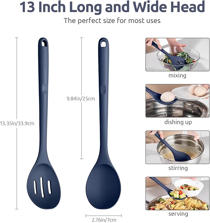 600ºF Heat Resistant Silicone Spoons: U-Taste 13.3in Solid & Slotted Kitchen Cooking Spoon, Nonstick Long Rubber Utensil, Sturdy for Mixing, Serving, Stirring, Draining (Midnight Blue, 2PCS)
