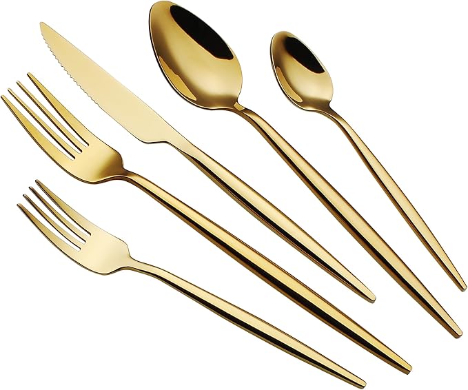 CHAAMFORGE 20 Piece Luxury Silverware Set for 4 Gold Mirror-Polished 18/10 Stainless Steel Heavy Flatware Set Modern Cutlery Set Knife/Fork/Spoon with Gifts for Home & Restaurant
