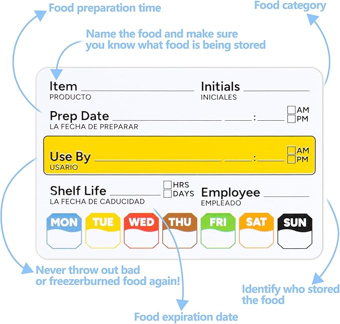 Restaurant Quality Shelf Life Food Rotation Labels Vinyl, 2” x 3” Self-Adhesive Removable Freezer Food Label, Perfect for Reusable Containers, Easy to Remove, Food Safety Date Sticker (4 Pc)