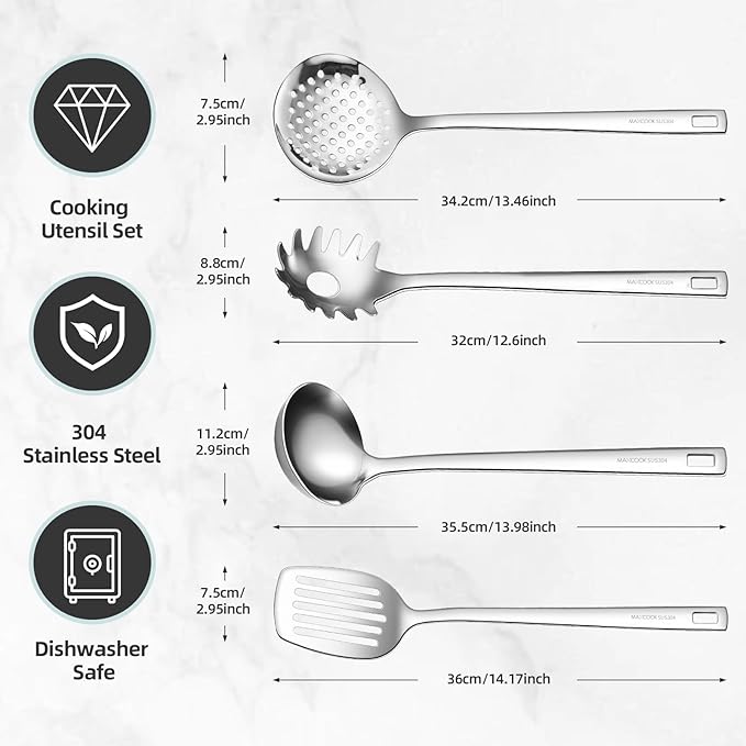 MAXCOOK 18/8 Stainless Steel Cooking Utensils Set, Spatula Set Kitchen Wok Utensils Set, Include Soup Ladle,Spaghetti Server,Slotted Spatula Turner,Skimmer(Dishwasher Safe, Mirror Polished)