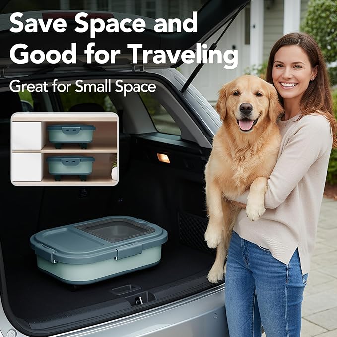 15 Lbs Dog/Cat Food Storage Container,Collapsible Food Storage Containers with Rolling Wheel Airtight Locking Lid,Pet Food Storage Container with Cup and Scoop,Blue