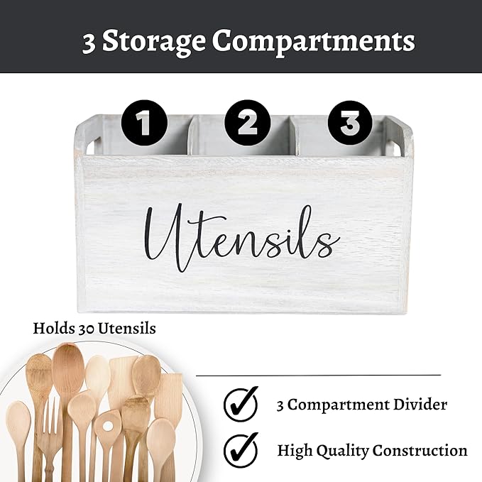 White Kitchen Utensil Holder for Countertop – Large 3-Compartment Wooden Organizer & Caddy with Drain Holes, Farmhouse Utensil Holder for Kitchen Counter, Modern Rustic Storage for Spoons & Spatulas