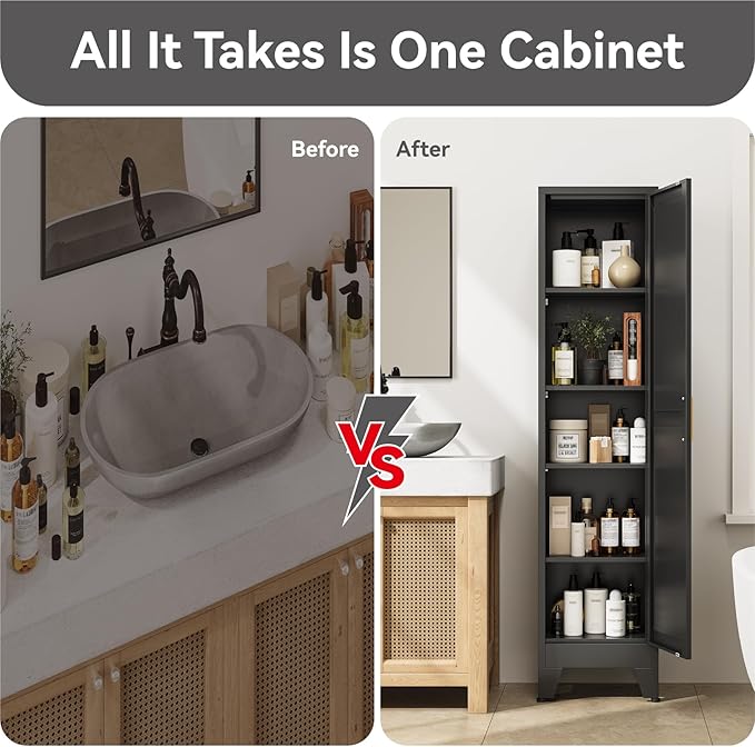 YNIQUESTLE 67" Tall Storage Cabinet with Reversible Doors and Adjustable Shelves,Metal Slim Freestanding Cabinets for Bathroom Kitchen Garage Small Spaces,Black