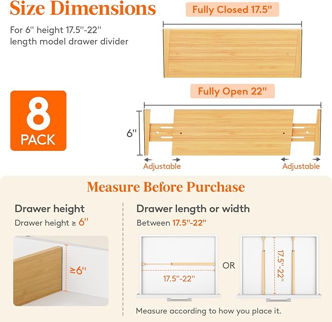 Lifewit 8 Pack 6" Deep Bamboo Drawer Dividers, 17.5-22" Expandable Drawer Organisers for Clothes, Adjustable Dresser Drawer Divider, Clothing Drawers Separators for Dresser, Bedroom, Bathroom, Office