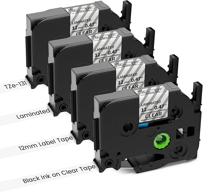 TZe TZ Tape 12mm 0.47 Laminated Clear Label Tape Replacement for Brother P Touch Label Tape TZe-131 TZe131 Black on Clear Label Maker Tape, Compatible with Brother PT-H110 D210 D220 D400 D600, 4-Pack