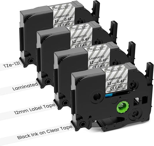 TZe TZ Tape 12mm 0.47 Laminated Clear Label Tape Replacement for Brother P Touch Label Tape TZe-131 TZe131 Black on Clear Label Maker Tape, Compatible with Brother PT-H110 D210 D220 D400 D600, 4-Pack
