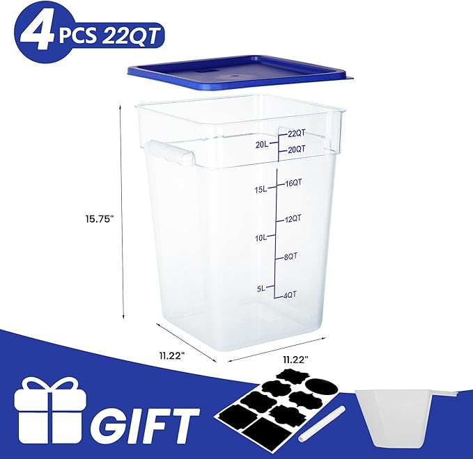 BIEAMA 4 Pack Food Storage Containers, 22 Quart with Lids, Square Commercial Containers with Scale, NSF, Polycarbonate, Clear