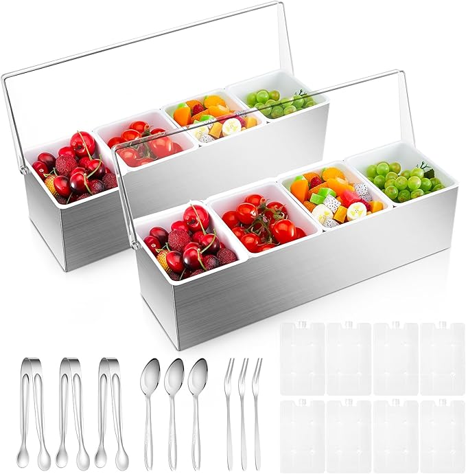Mifoci 2 Pack Stainless Steel Chilled Condiment Server 4 Removable Slot Toppings Containers with Lid and Bottom Ice Bar Garnish Tray with 9 Silverwares 8 Ice Boxes for Christmas Party, Events and Bar