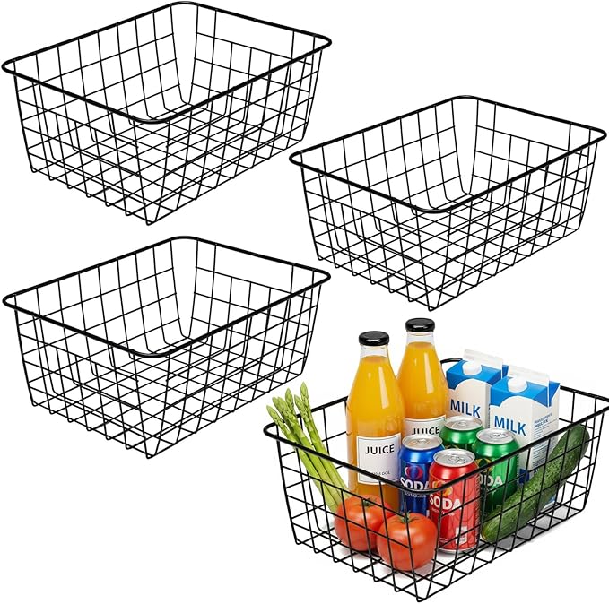 Aeggplant Kitchen Wire Baskets Farmhouse Decor Metal Food Storage Organizer, Household Refrigerator Bin with Built-in Handles for Cabinets,Pantry Set of 4 (Black)