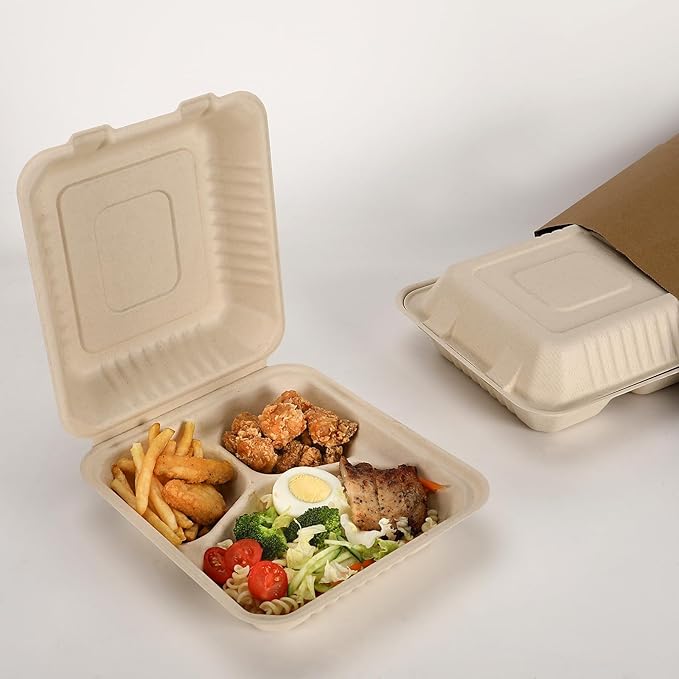 Aricsen 50 Pack 3 Compartment Compostable 8x9 Inch Takeout Lunch Box Containers with Lid To Go Take Out Clamshell for Food, Disposable Eco-Friendly Biodegradable Bagasse, PFAS-Free, Brown