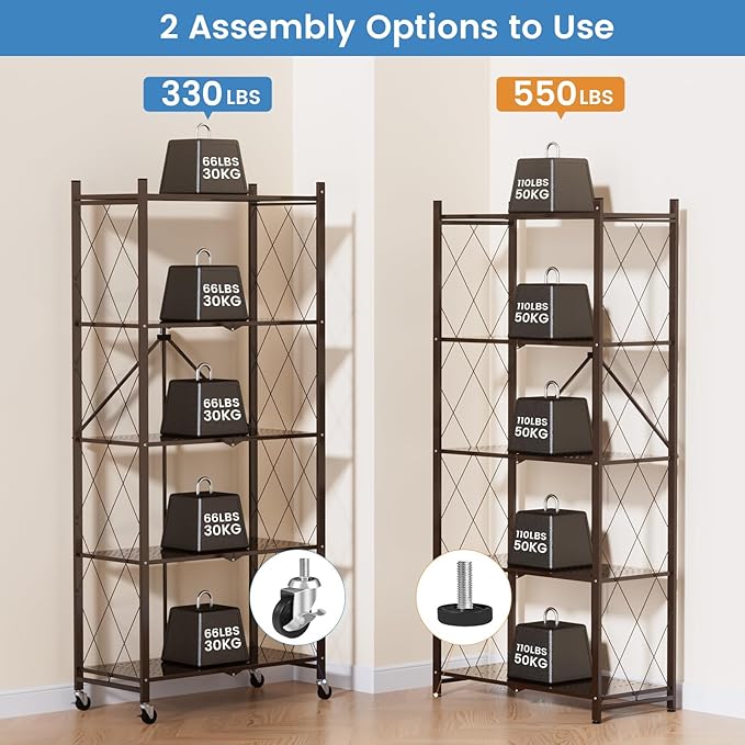 ALANNG 70.7" H Metal Storage Shelves, 5 Tier Folding Shelf on Wheels, Heavy Duty, No Assembly, Rolling, Collapsible Rack Unit for Kitchen, Basement, Pantry (Vintage Brown,1 Pack)