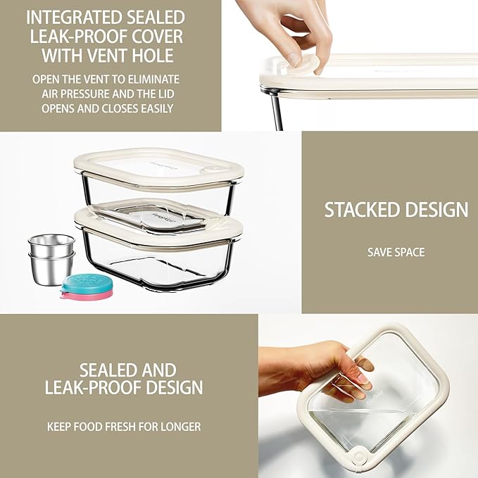 Glass Food Storage Containers with Silicone Glass Lids, Stainless Steel Salad Dressing Containers, Microwave-safe LeakProof Food Containers Set, 4-pack 35 oz（White）