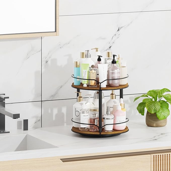 MUTUALUS Lazy Susan Organizer 2 Tier - Turntable Spice Rack for Table Top, Wooden Rotating Lazy Susan for Cabinet Pantry Kitchen Countertop Dining Table Cupboard Bathroom Vanity Storage