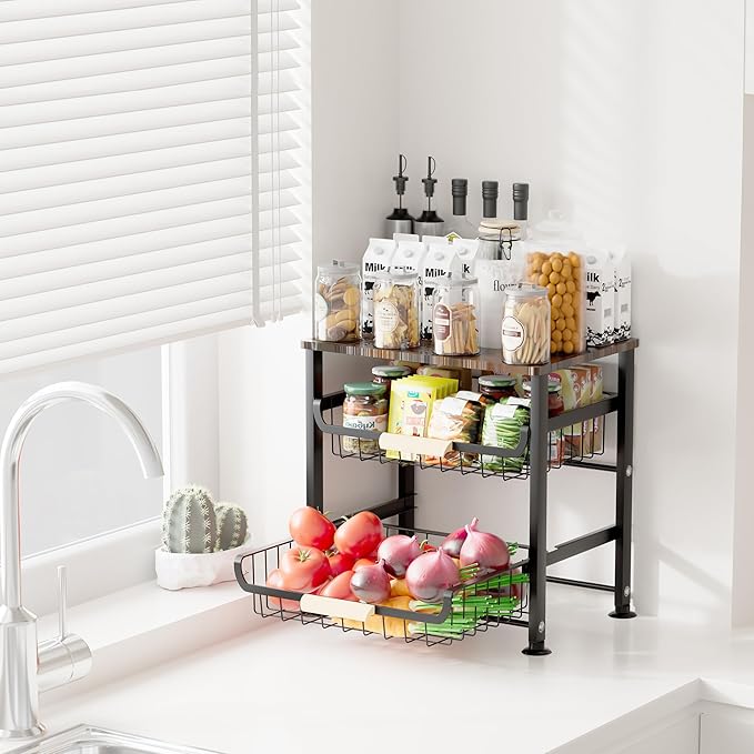 Fruit Vegetable Basket for Kitchen,3 Tier Pantry Organizer with Wheels,Snack cart with Wood Top,Metal Wire Storage Basket Organizer Baskets for Kitchen, Pantry, Bathroom