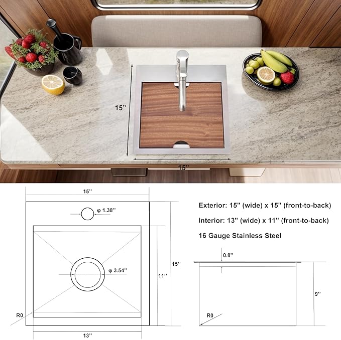 Bar Sink, 15 x 15 Inch Bar Sink Drop In, Stainless Steel Square Topmount Workstation Small Kitchen Sink, Single Bowl Kitchen Sink for Office Laundry Wet Bar Prep RV Outdoor Yard