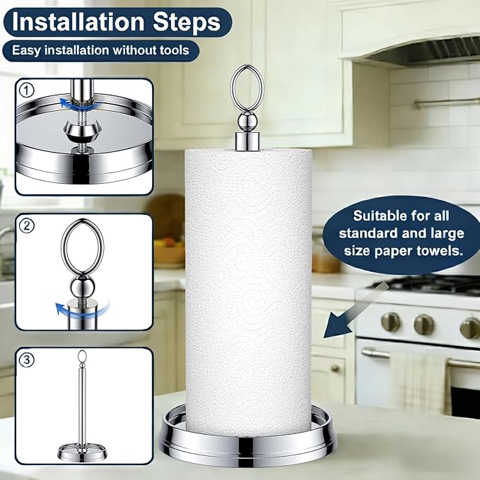 KASUNTO Paper Towel Holder (with Heavy Weighted Base) Steel Paper Holder countertop，Black Paper Towel Holder for Kitchen Countertops, Bars & Dining Tables,Fits Standard & Jumbo Rolls,Chrome