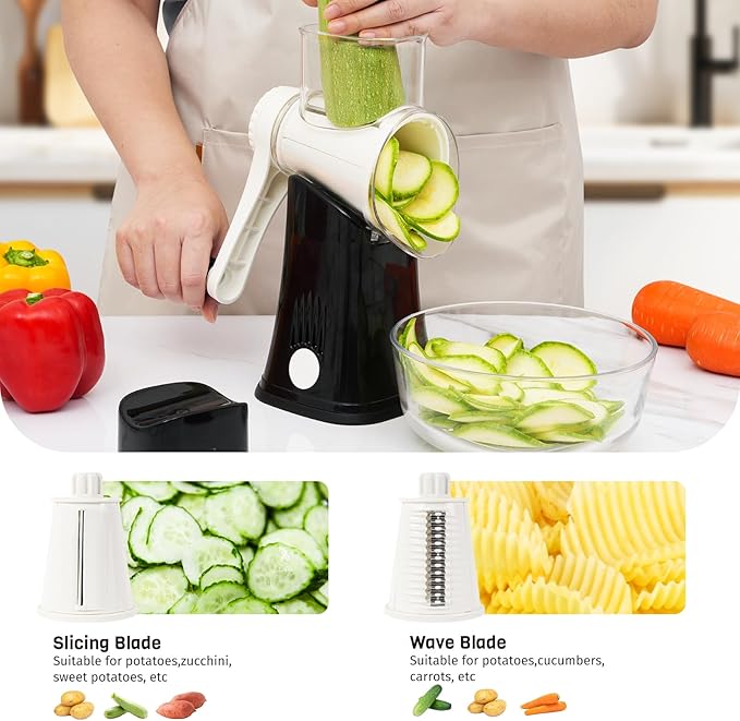Nexsujo 5-in-1 Rotary Cheese Grater Hand Crank, Vegetable Slicer Shredder with 5 Interchangeable Blades, Graters for Kitchen, Safe Kitchen Tool for Cheese, Nuts, Chocolate, Black