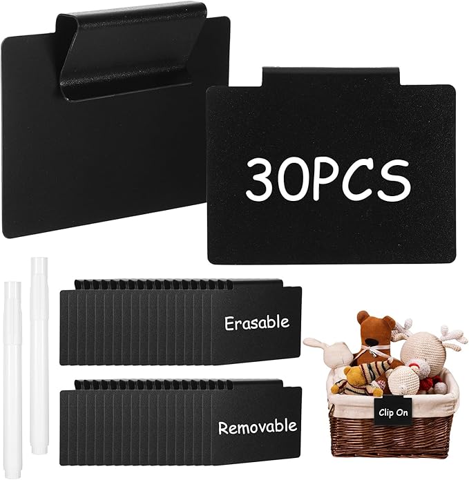 32Pcs Basket Labels Clip On Set - Include 30 Clip On Labels for Storage Bins with 2 Chalk Markers, PVC Removable Label Holders Basket Tags Label Clips for Kitchen Pantry Storage Bin (Black)