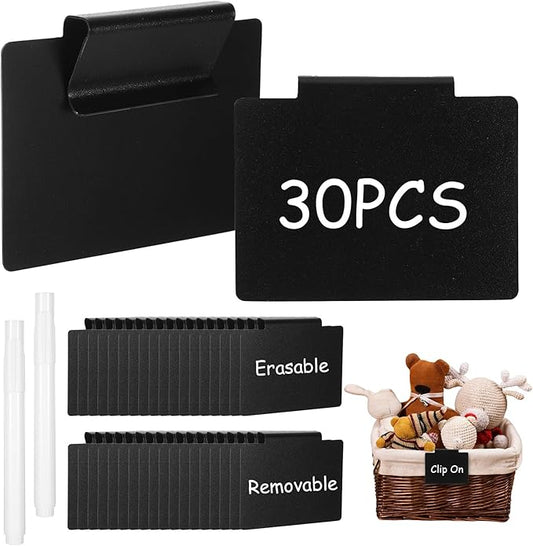 32Pcs Basket Labels Clip On Set - Include 30 Clip On Labels for Storage Bins with 2 Chalk Markers, PVC Removable Label Holders Basket Tags Label Clips for Kitchen Pantry Storage Bin (Black)