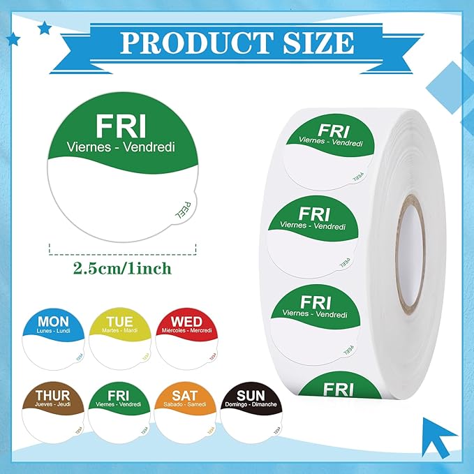 7000 Pcs Day of The Week Labels Food Labels Monday Through Sunday Management Inventory Stickers Removable Weekly Self Adhesive Date Dot Stickers for Restaurant Kitchen Containers (Wave)