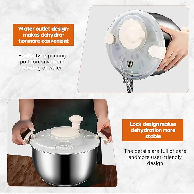 6L Stainless Steel Salad Spinner, Salad Spinner Large,Lettuce Spinner, Quick Spin for Drying Vegetables, Vegetable Dryer, Fruit Washer, Pasta & Fries Produce Strainer A Must-Have for Your Kitchen