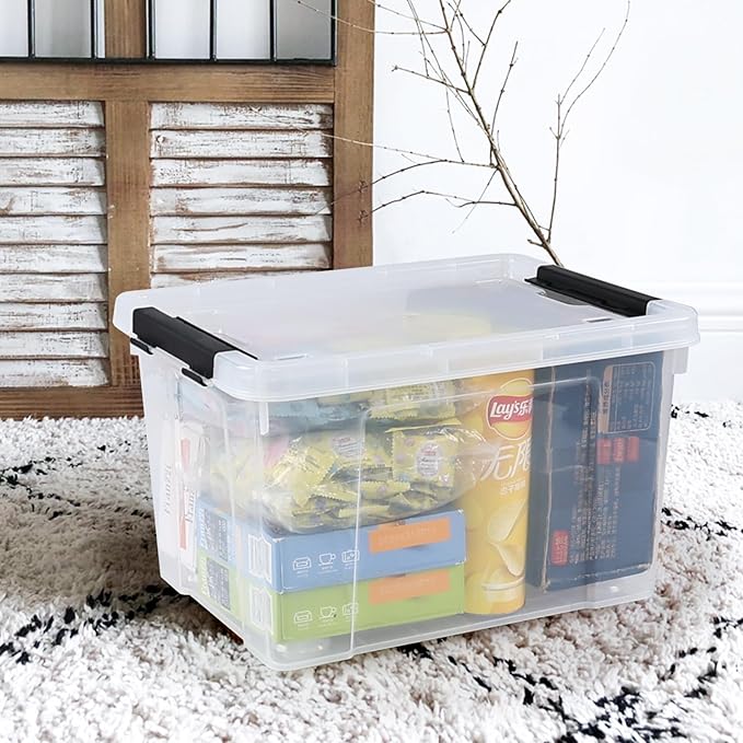 Morcte 23 L Plastic Clear Storage Bin with Lids and Latching Buckles, 4-Pack Stackable Clear Storage Box with Wheels