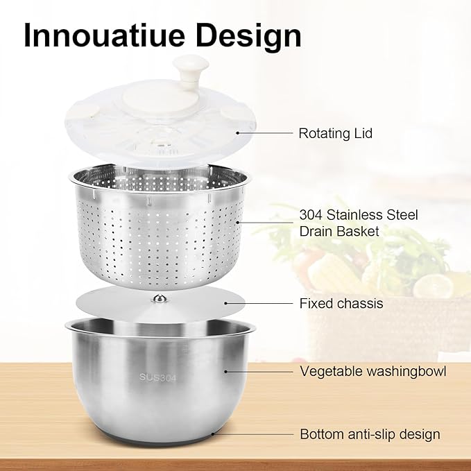 Stainless Steel Salad Spinner, Lettuce Spinner with Drain, fruit washer 6 QT with PP Cover Non-Slip Base, 3-in-1 Vegetable Wash Bowl for Dehydrating Lettuce, Fruits and Vegetables, Pasta