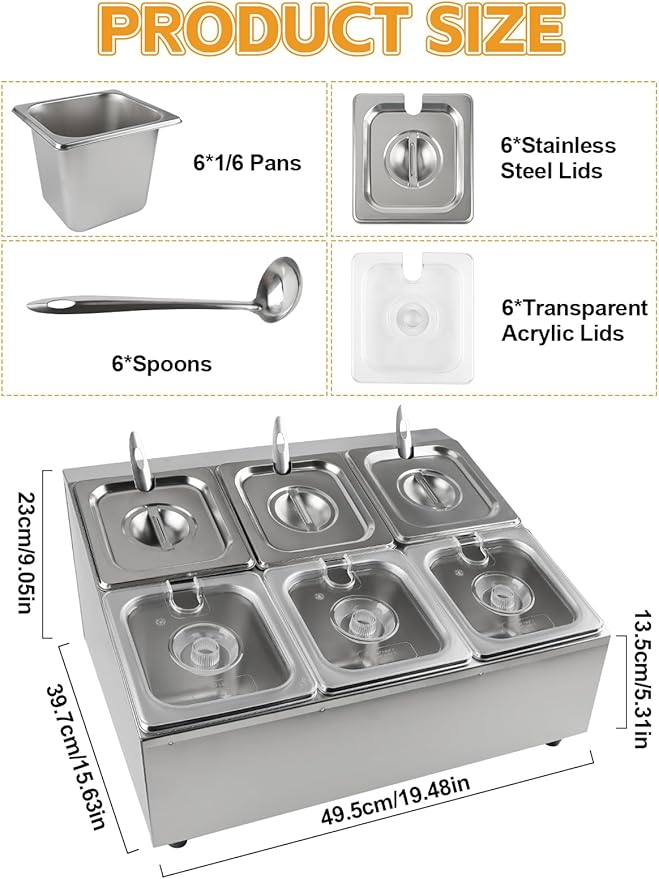 Lanstics Pizza Topping Station Pizza Storage Container Topping containers with Lids Spoon Condiment Organizers Buffet Containers Set for Restaurant Pizza Sauce Jam Fruit Ingredient (6 Pans)