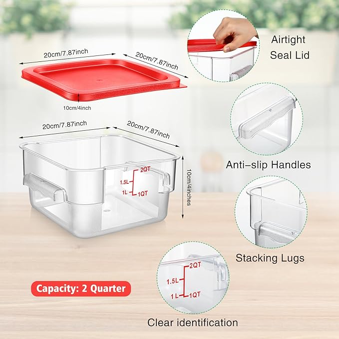 Suclain 2 Pcs Square Food Storage Container Polycarbonate Clear Food Container with Lid Commercial Rice Storage with Graduations for Commercial Kitchen(2 Qt,Red)